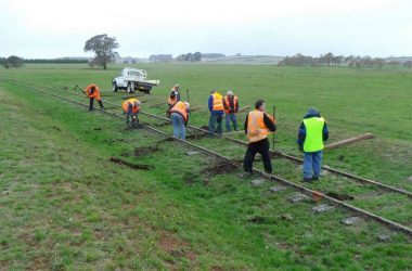 TRACK WORK: Goulburn Crookwell Heritage Railway volunteers working on the rail line to McAlister station in 2013.